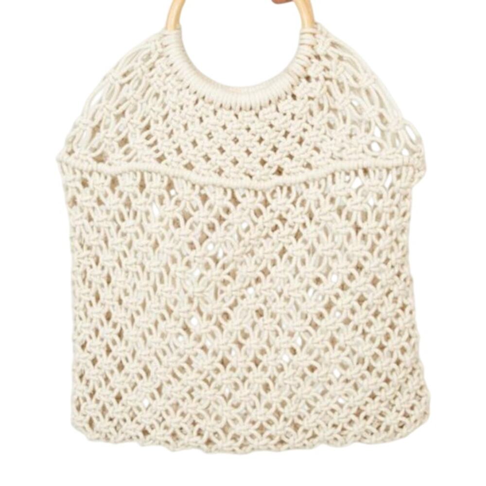 Urban Expressions Ivory Knit Handbag w/ Brown Wooden Double Handles, NWT